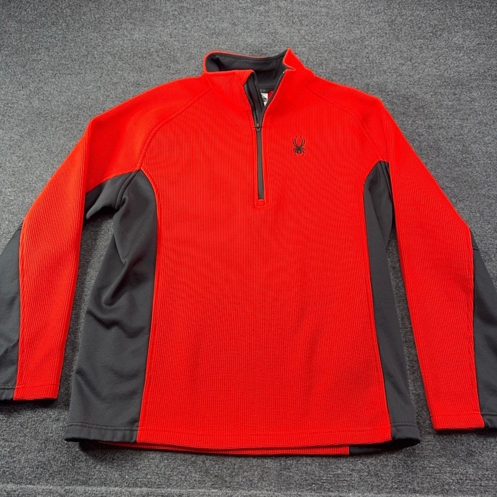 Spyder Womens XL Red Waffle Knit 1/4 Zip Pullover Fleece Sweatshirt Grey Trim